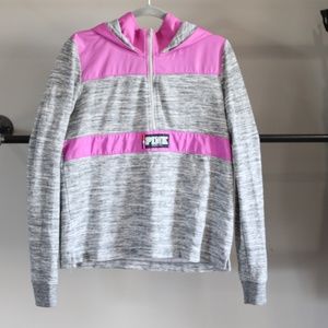 Pink brand grey and pink hooded half zip pullover, size Medium